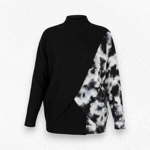 Elan Black White Tie Dye Front Wrap Turtleneck Ribbed Knit Sweater Size Small